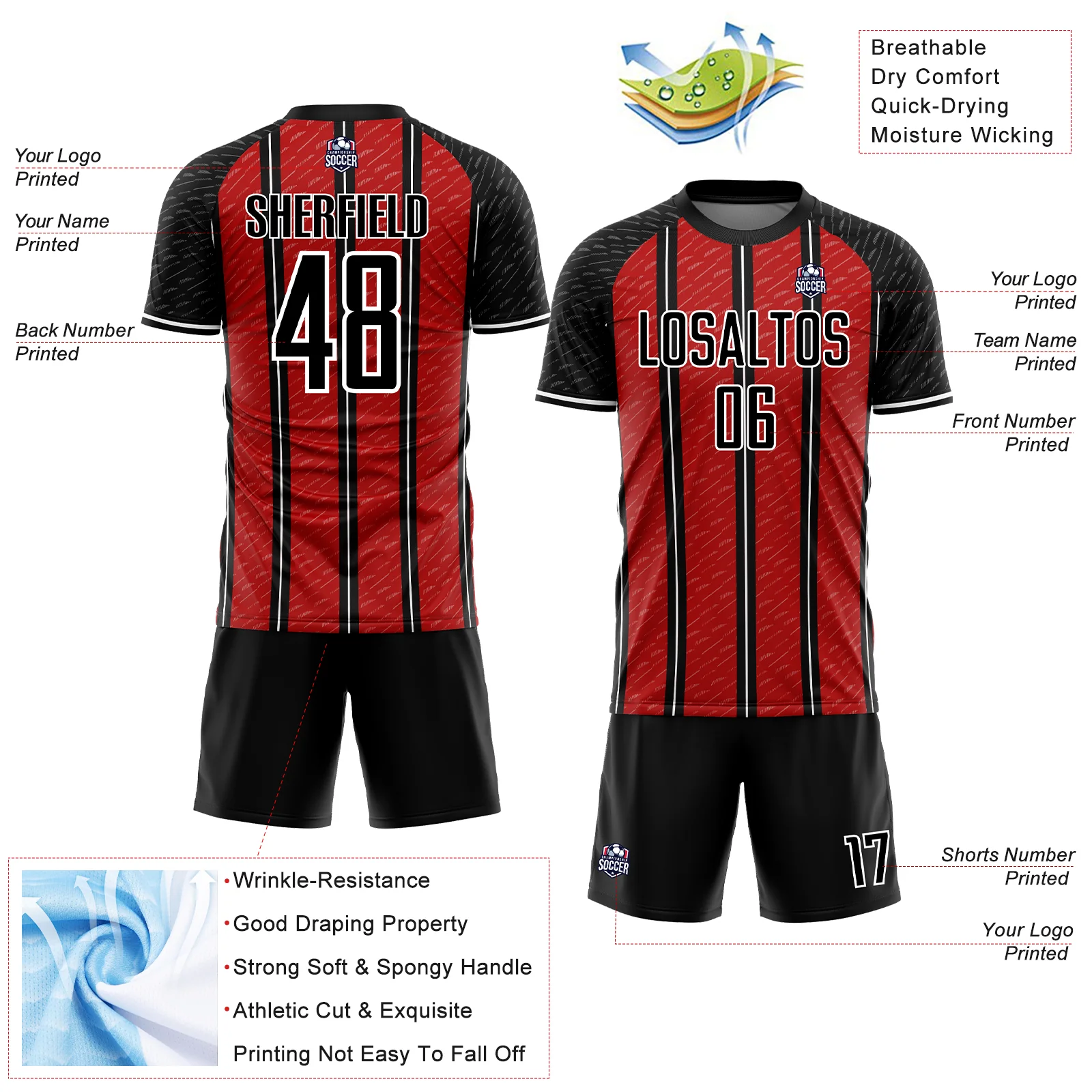 Custom Black Red-White Line Sublimation Soccer Uniform Jersey - Image 4