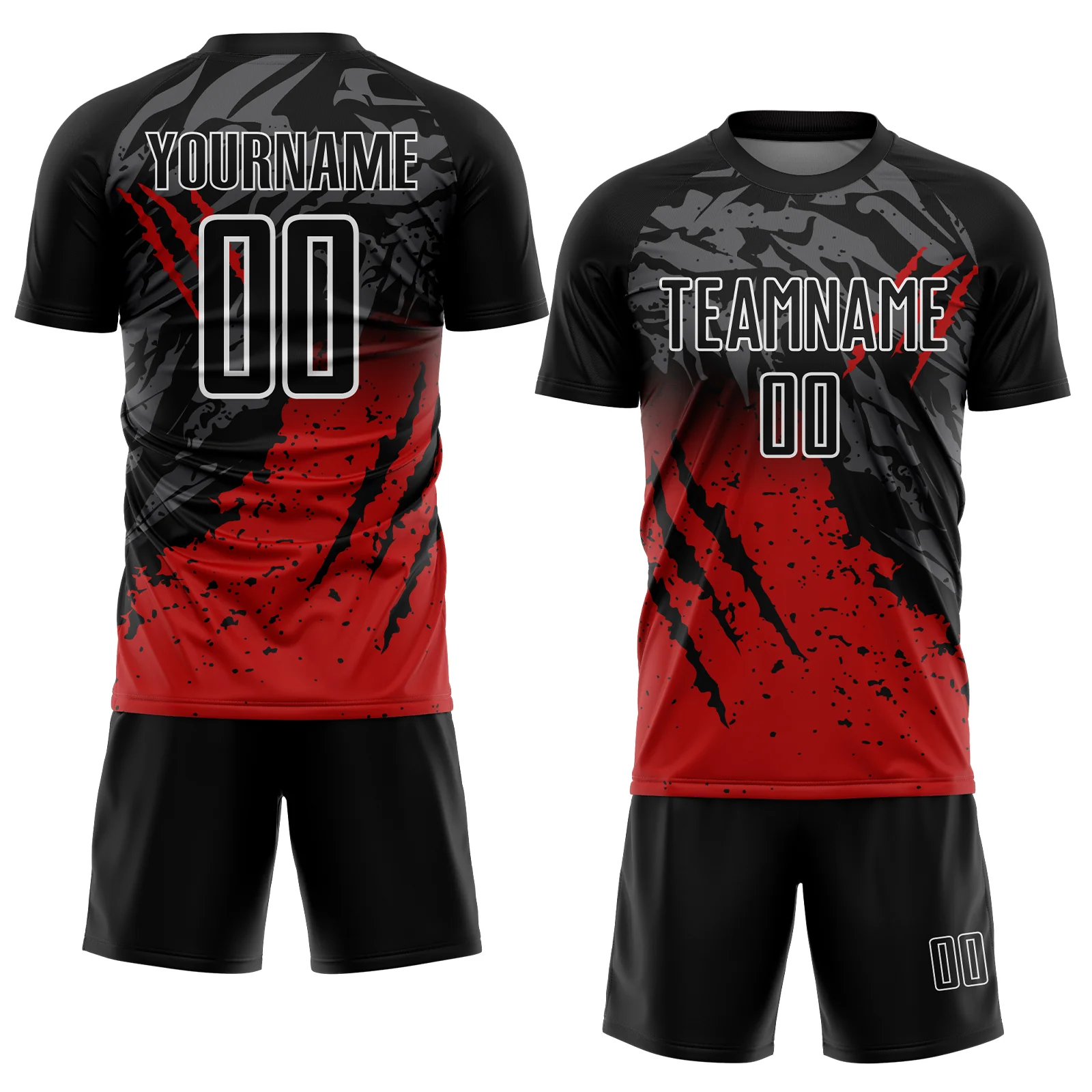 Custom Black Red-White Gradient Scratch Splash Sublimation Soccer Uniform Jersey - Image 2