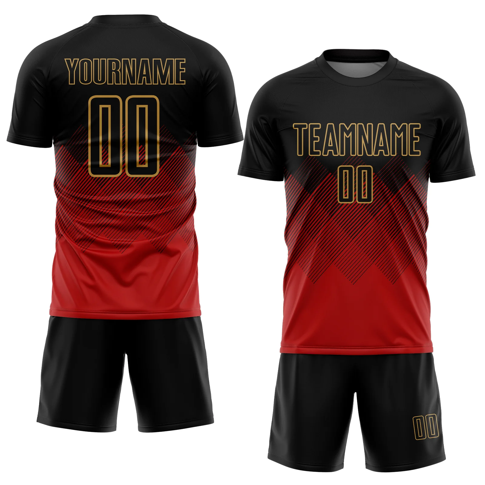 Custom Black Red-Old Gold Gradient Diamond Diagonal Lines Sports Sublimation Soccer Uniform Jersey - Image 2