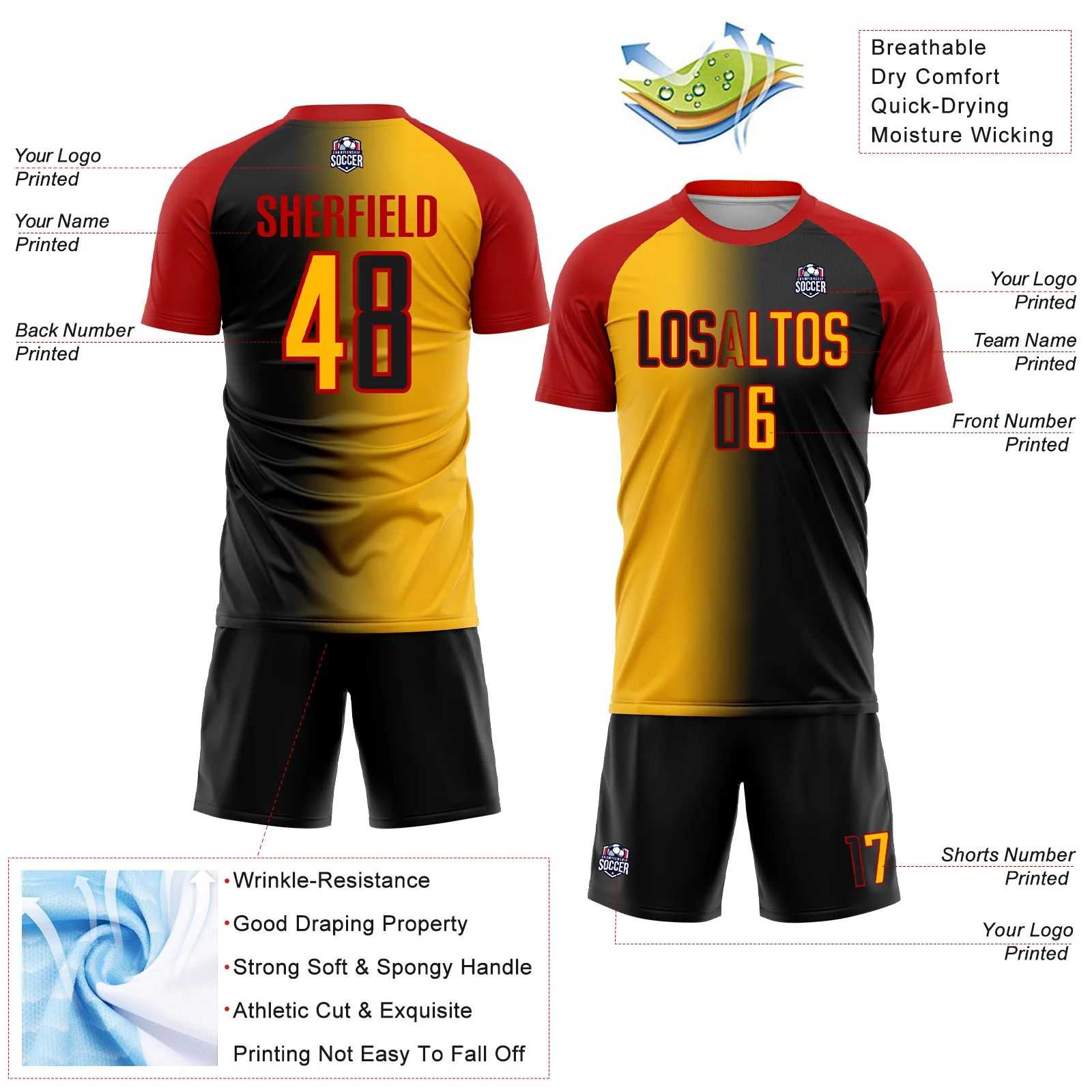 Custom Black Gold-Red Sublimation Gradient Fashion Soccer Uniform Jersey - Image 4
