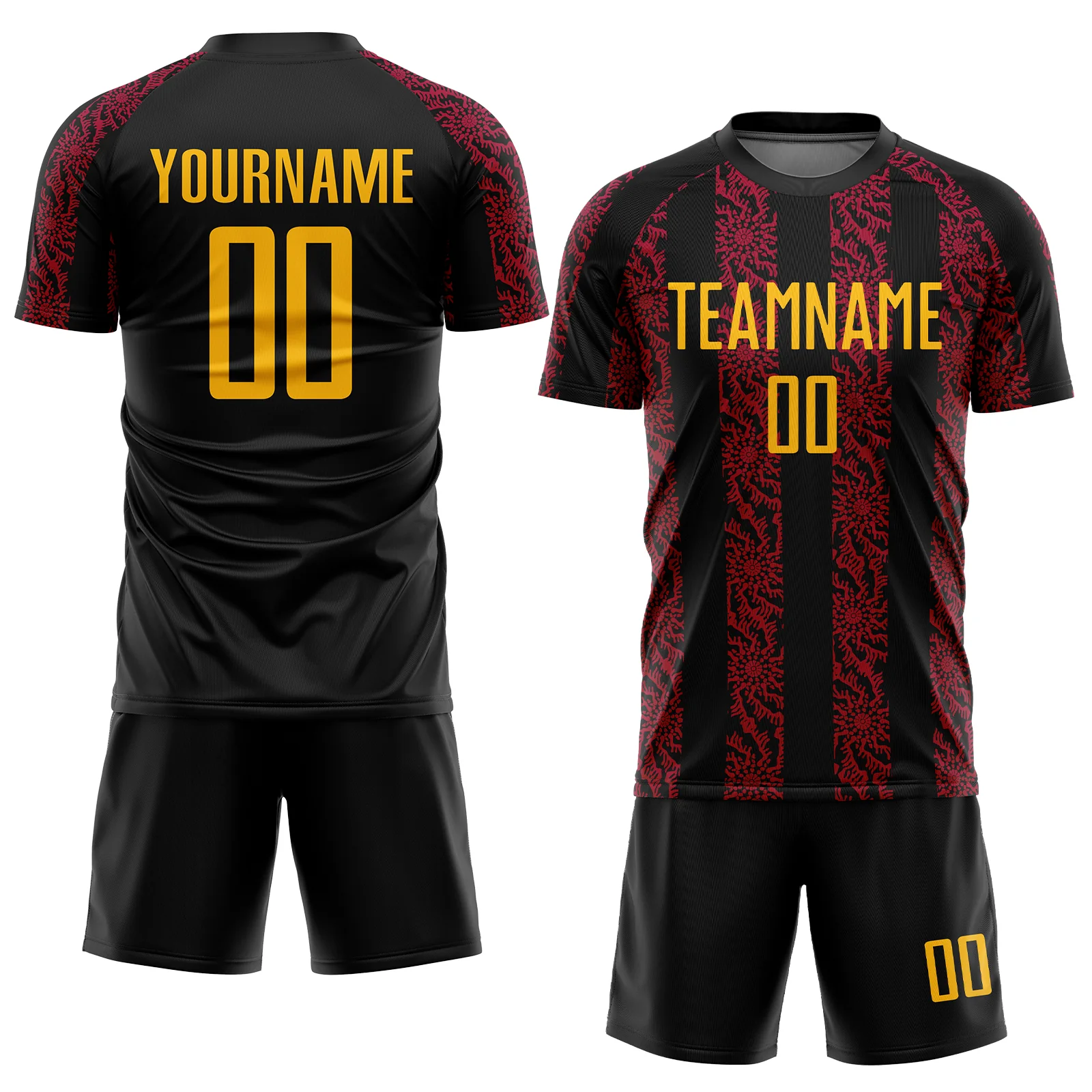Custom Black Gold-Red Abstract Shape Sublimation Soccer Uniform Jersey - Image 2