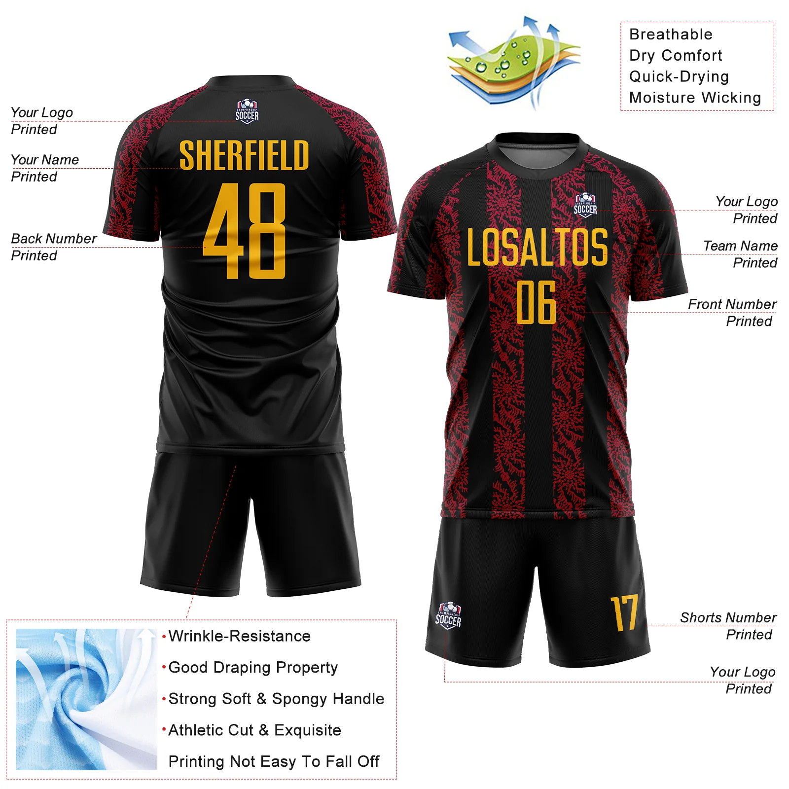 Custom Black Gold-Red Abstract Shape Sublimation Soccer Uniform Jersey - Image 4
