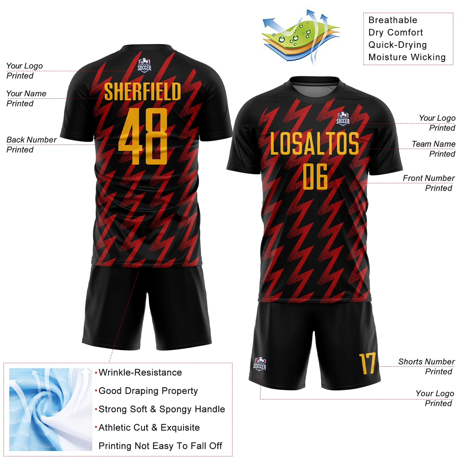 Custom Black Gold-Red Zigzag Shape Sublimation Soccer Uniform Jersey - Image 4