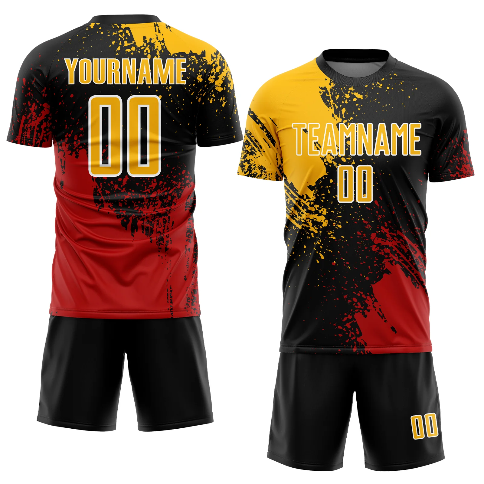 Custom Black Gold Red-White Abstract Brush Stroke Sports Sublimation Soccer Uniform Jersey - Image 2