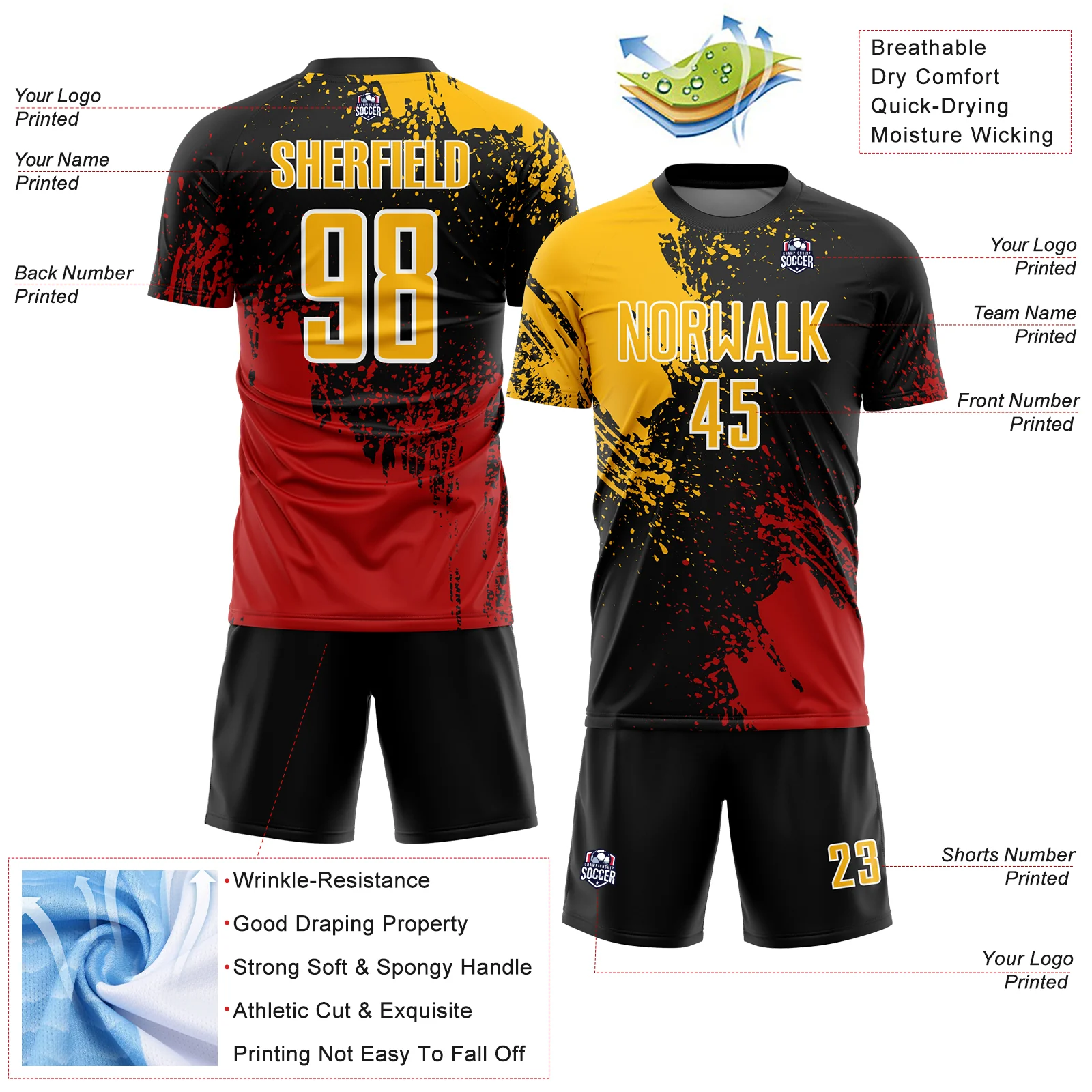 Custom Black Gold Red-White Abstract Brush Stroke Sports Sublimation Soccer Uniform Jersey - Image 4