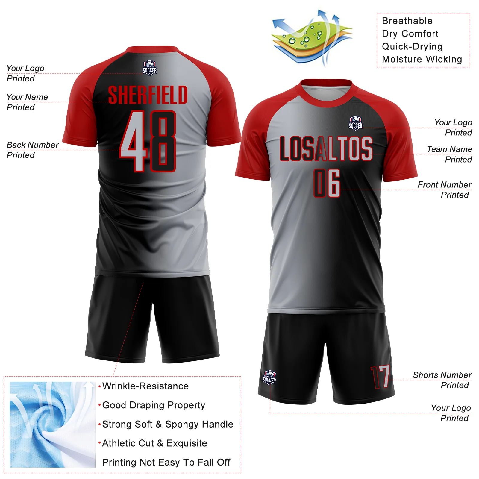 Custom Black Gray-Red Sublimation Gradient Fashion Soccer Uniform Jersey - Image 4