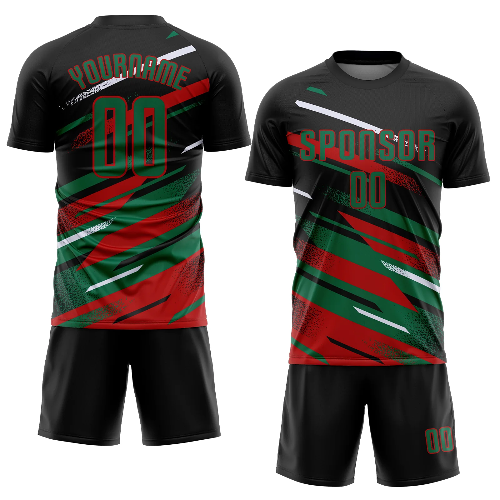 Custom Black Kelly Green Red-White Grunge Stripe And Grainy Sports Sublimation Soccer Uniform Jersey - Image 2