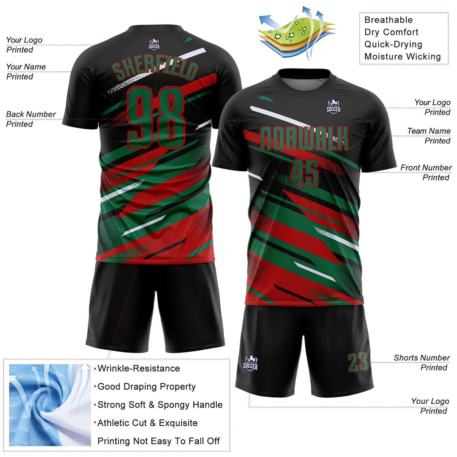 Custom Black Kelly Green Red-White Grunge Stripe And Grainy Sports Sublimation Soccer Uniform Jersey - Image 4