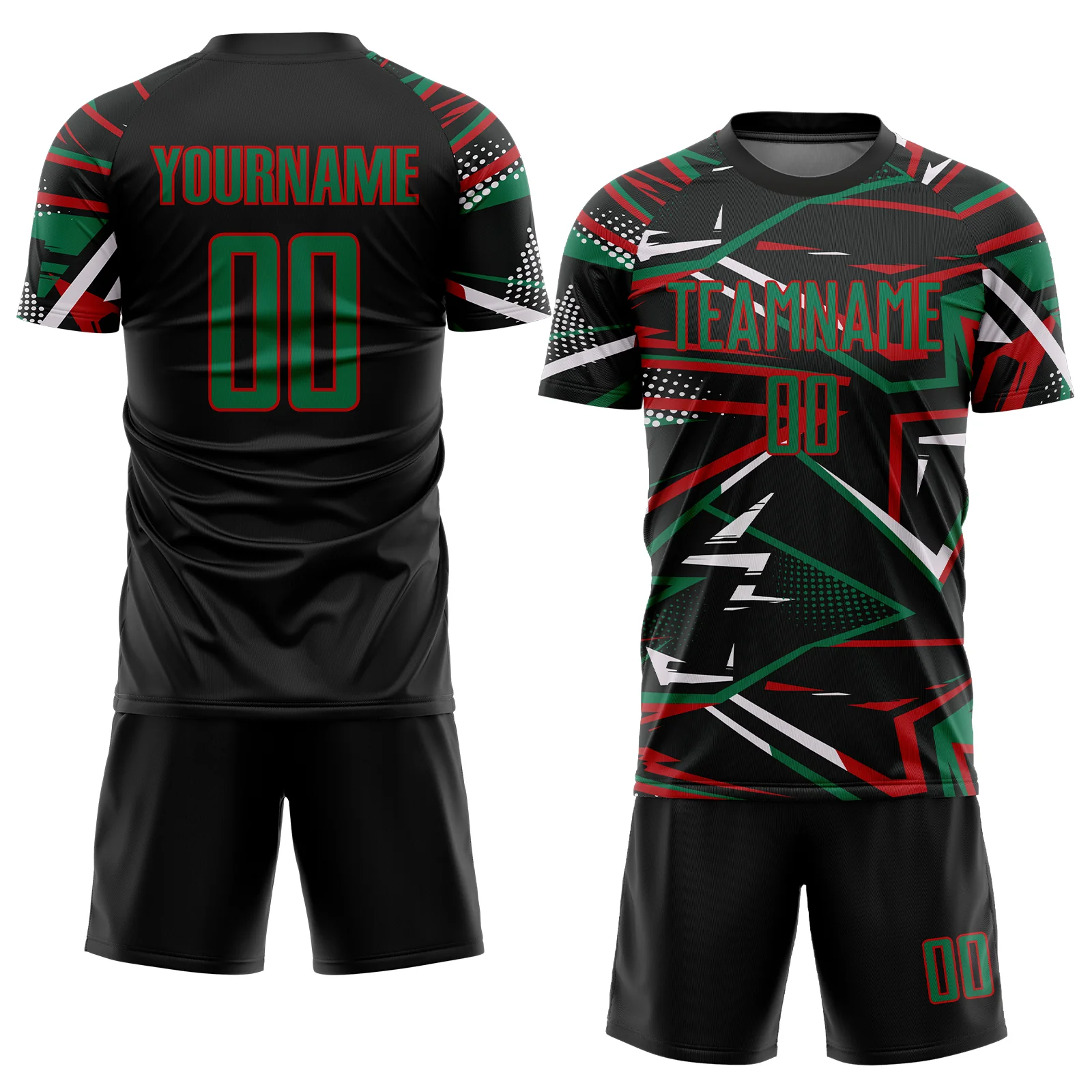 Custom Black Kelly Green Red-White Abstract Geometric Stripes Sports Sublimation Soccer Uniform Jersey - Image 2
