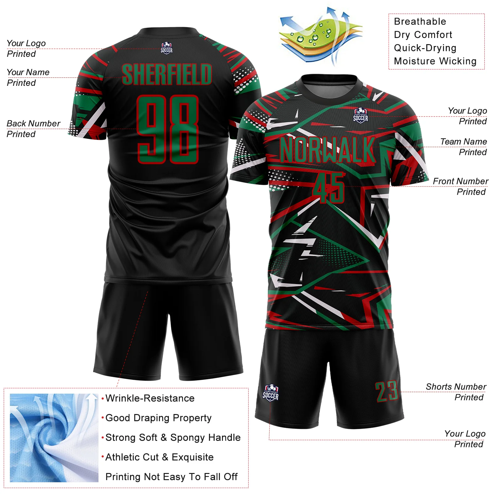 Custom Black Kelly Green Red-White Abstract Geometric Stripes Sports Sublimation Soccer Uniform Jersey - Image 4