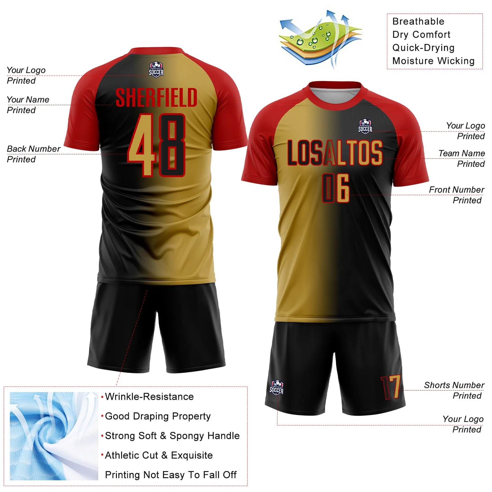 Custom Black Old Gold-Red Sublimation Gradient Fashion Soccer Uniform Jersey - Image 4