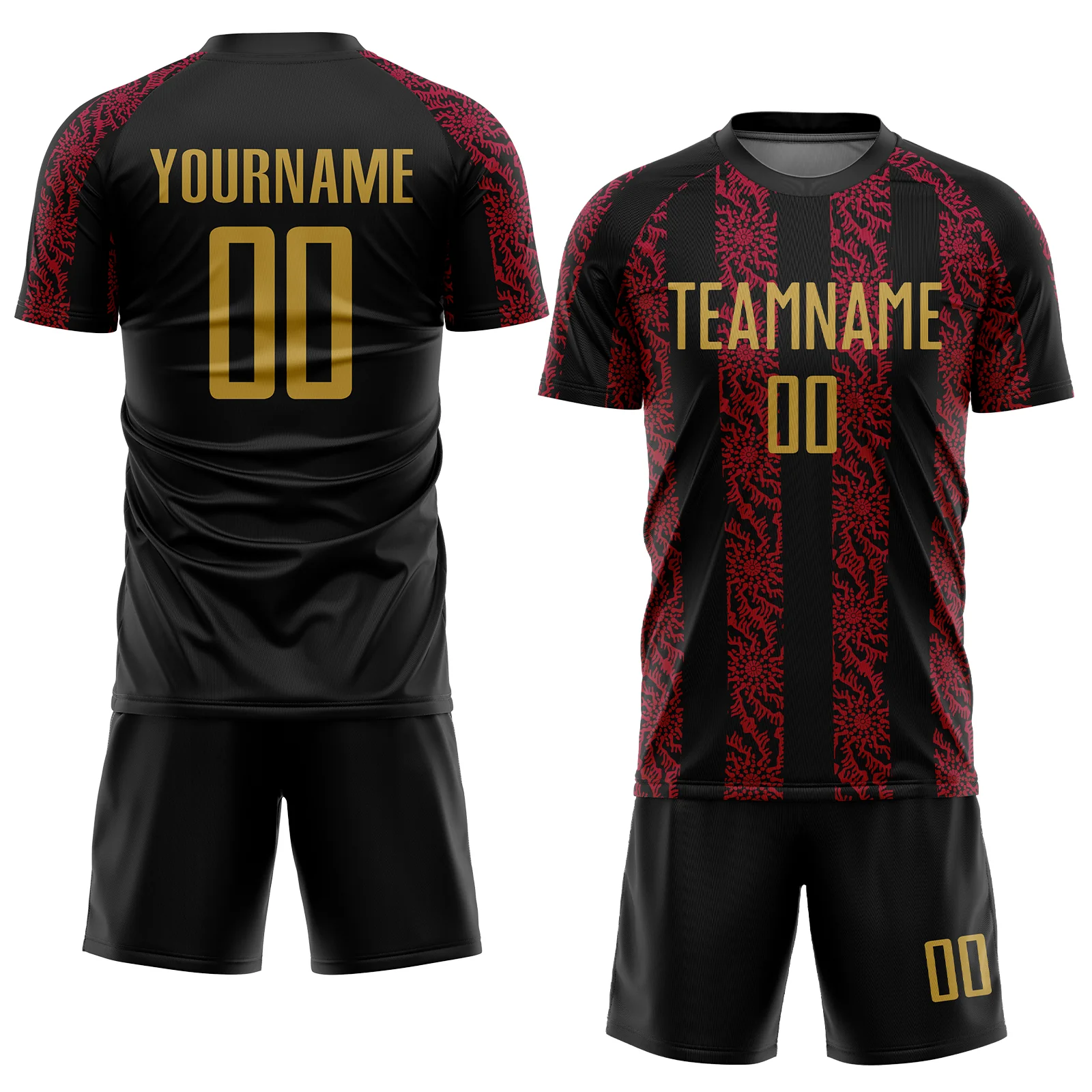 Custom Black Old Gold-Red Abstract Shape Sublimation Soccer Uniform Jersey - Image 2
