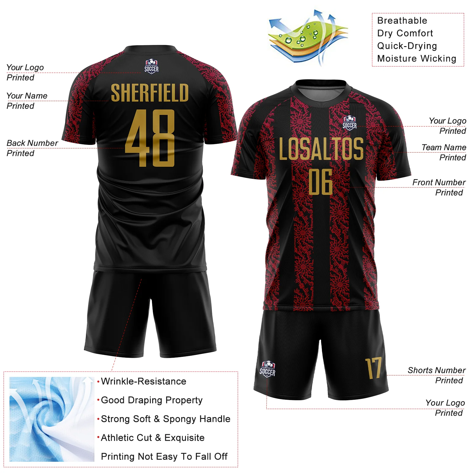 Custom Black Old Gold-Red Abstract Shape Sublimation Soccer Uniform Jersey - Image 4