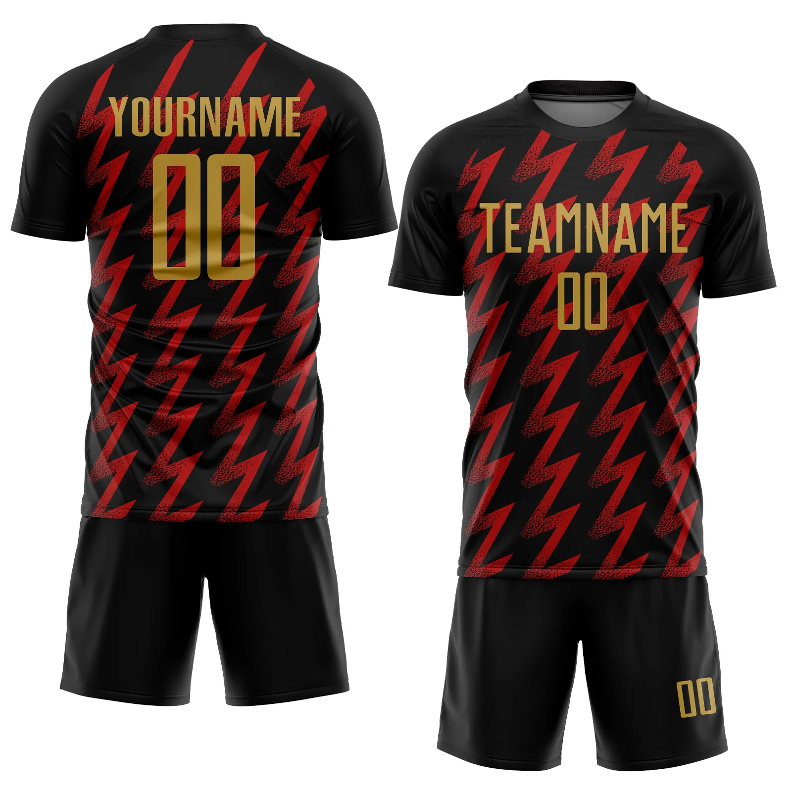 Custom Black Old Gold-Red Zigzag Shape Sublimation Soccer Uniform Jersey - Image 2