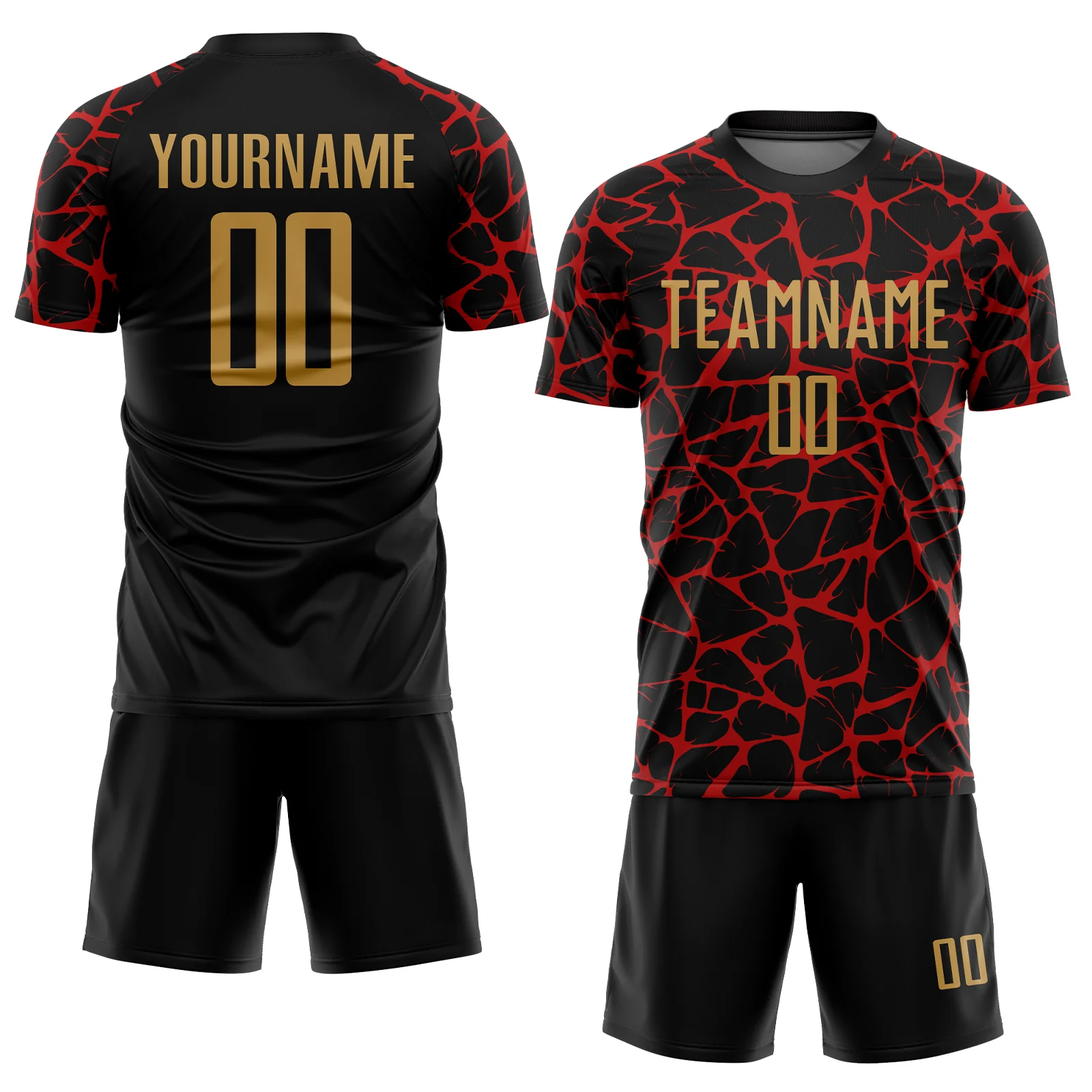 Custom Black Old Gold-Red Abstract Network Splash Sublimation Soccer Uniform Jersey - Image 2