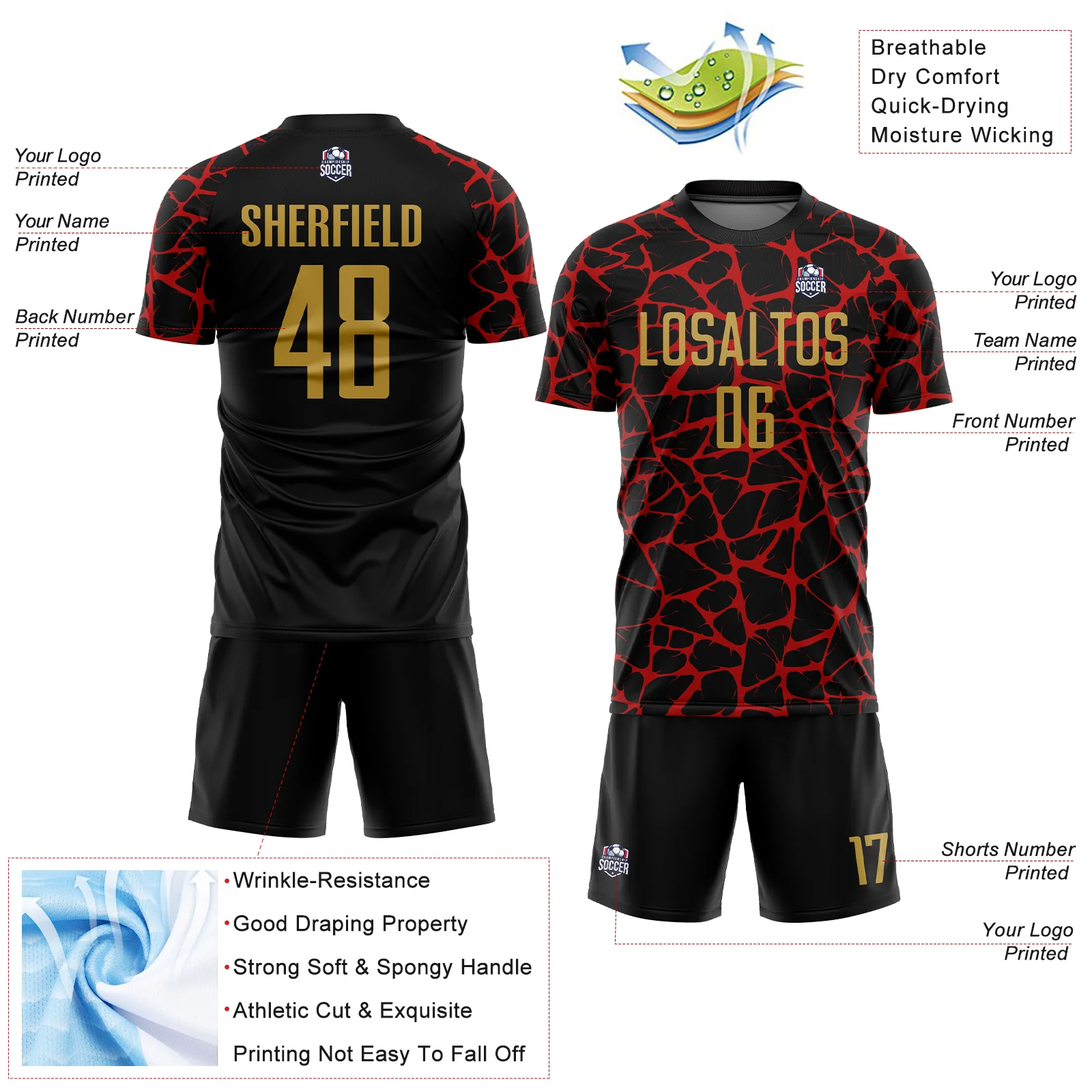 Custom Black Old Gold-Red Abstract Network Splash Sublimation Soccer Uniform Jersey - Image 4