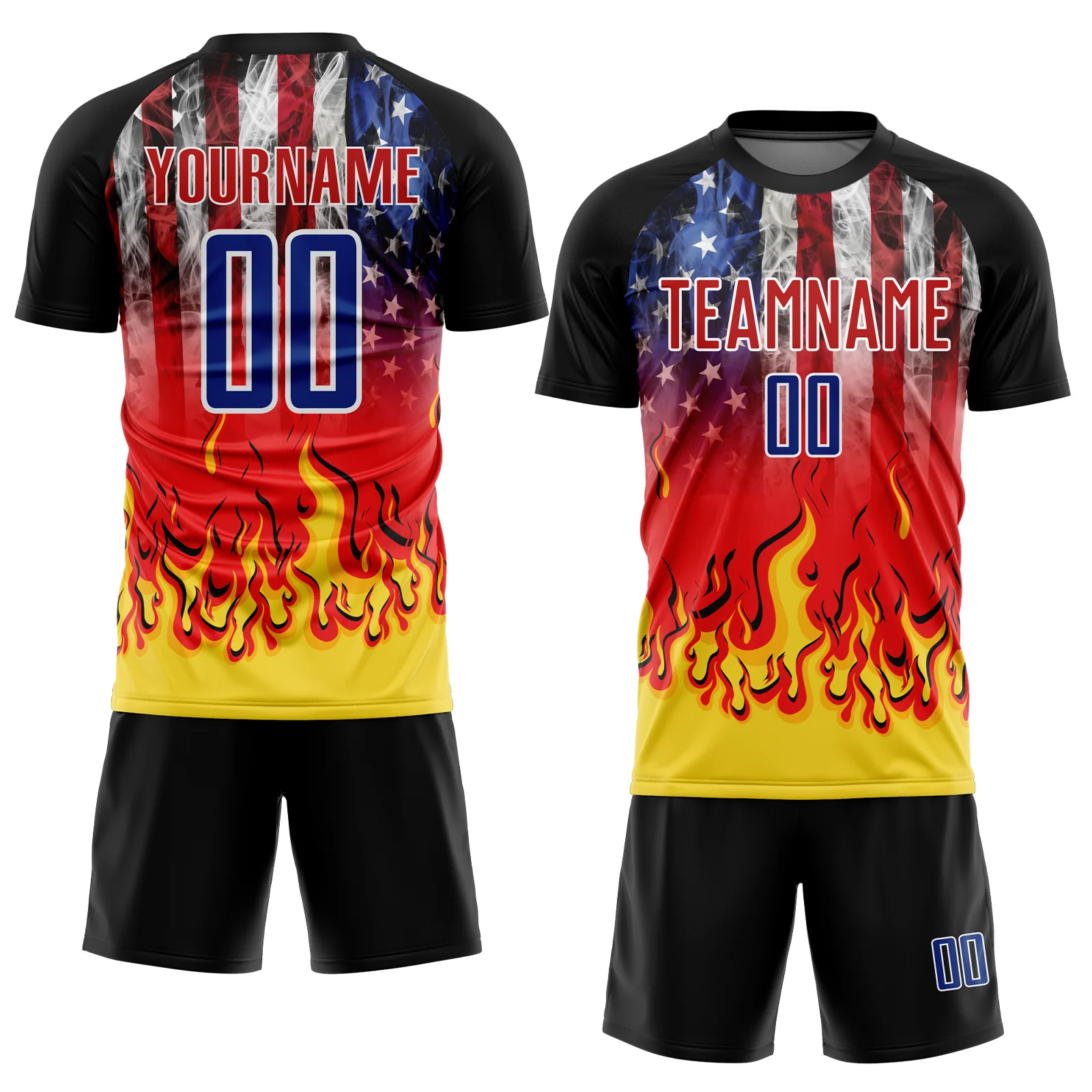 Custom Black Royal Red-Gold American Flag Flame Sublimation Soccer Uniform Jersey - Image 2