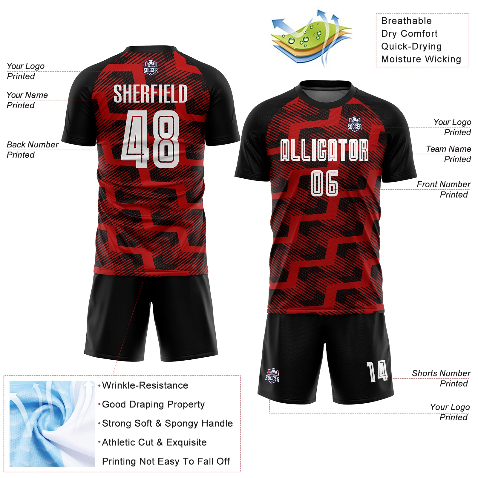 Custom Black White-Red Line Sublimation Soccer Uniform Jersey - Image 4