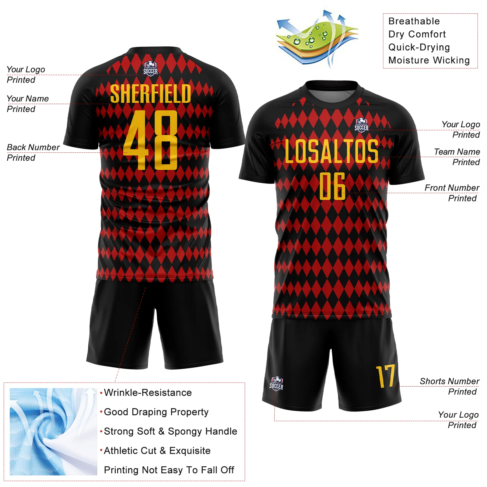 Custom Black Yellow-Red Diamond Harlequin Check Sports Sublimation Soccer Uniform Jersey - Image 4