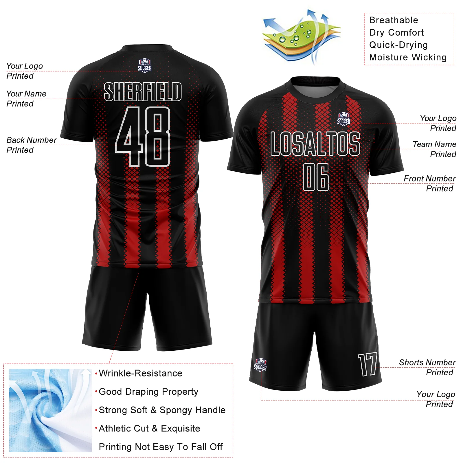 Custom Black Red-White Geometric Shape Sublimation Soccer Uniform Jersey - Image 4
