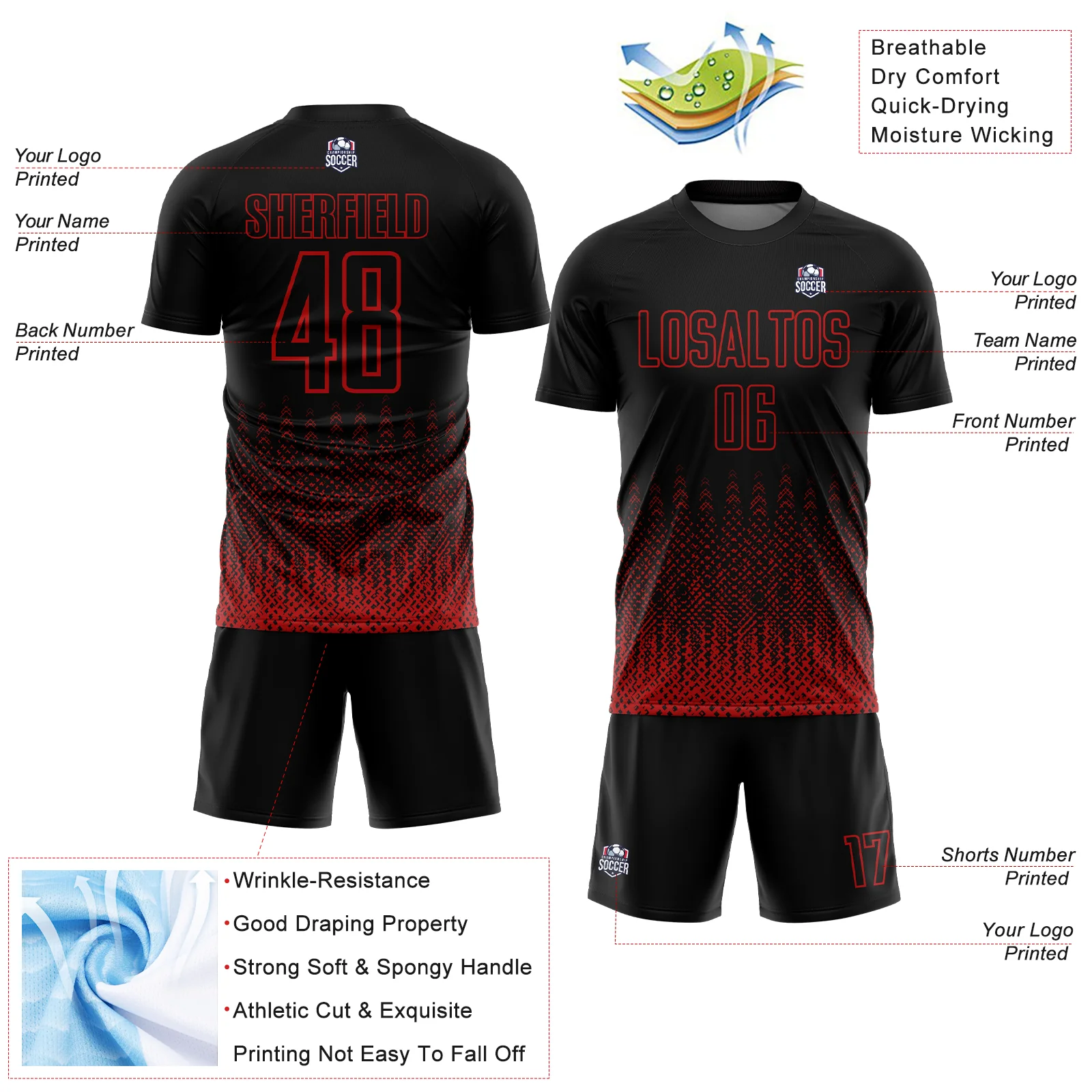 Custom Black Red Geometric Shape Sublimation Soccer Uniform Jersey - Image 4