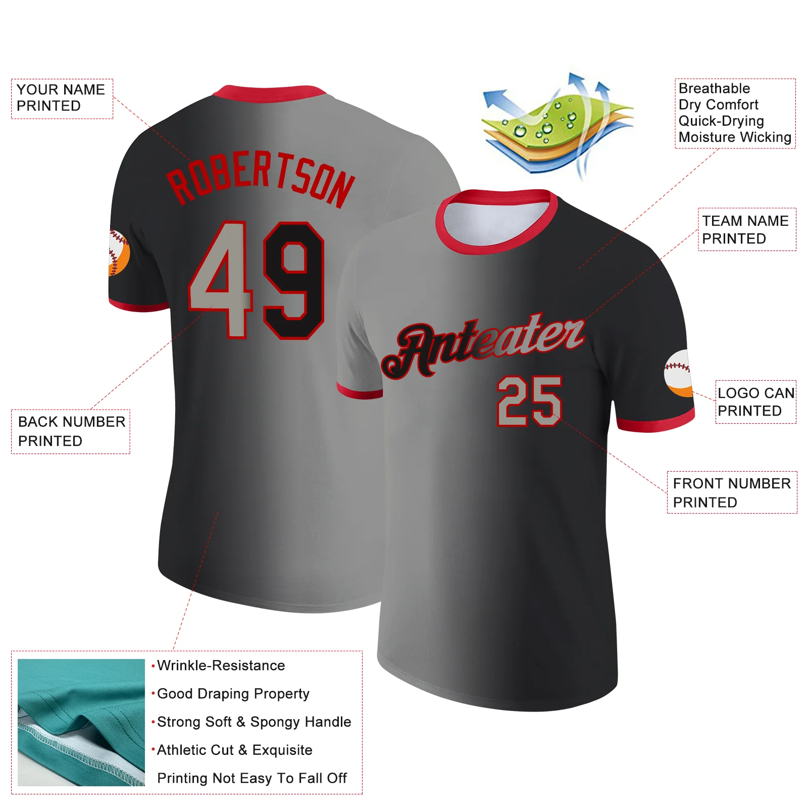 Custom Black Gray-Red Gradient Fashion Performance T-Shirt - Image 2