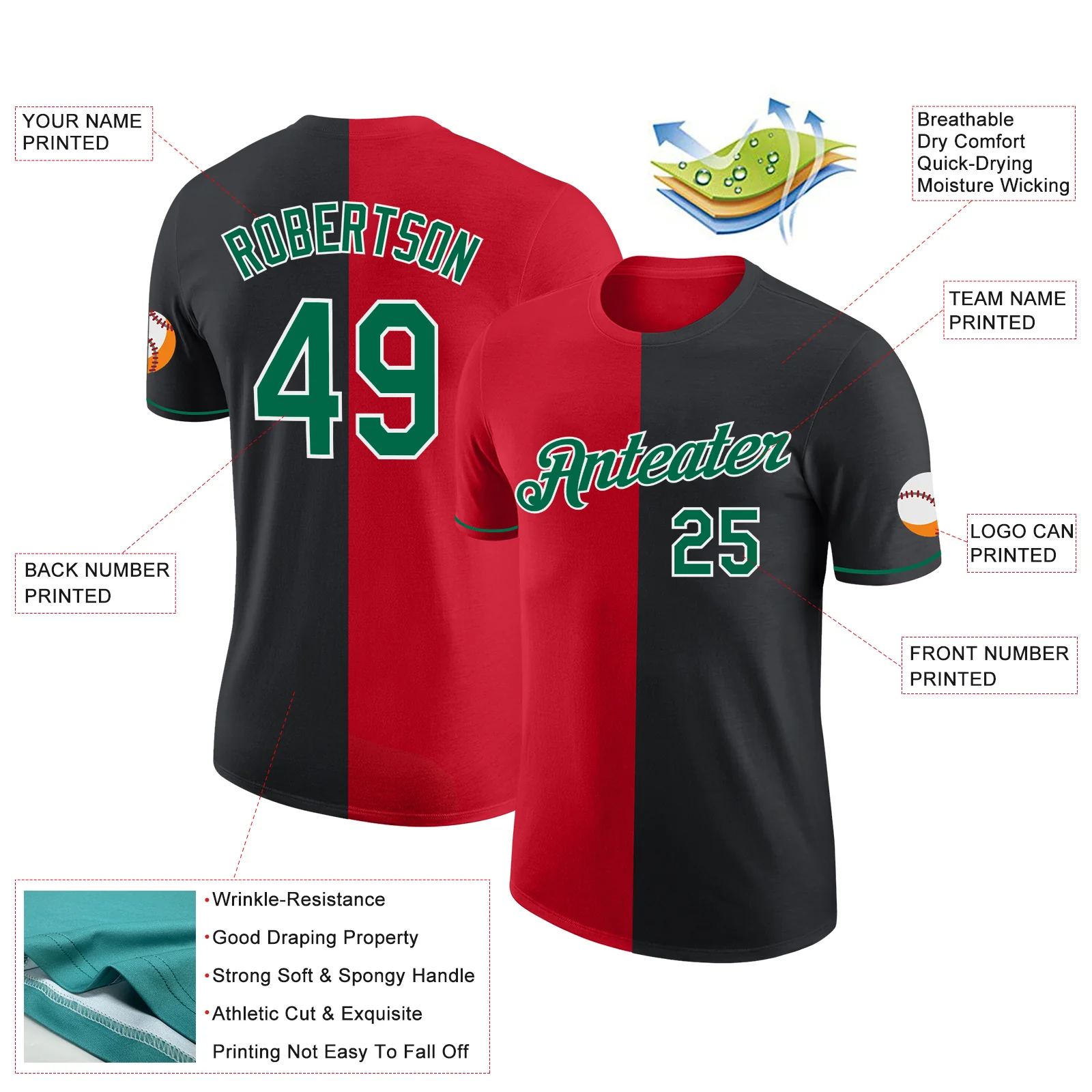 Custom Black Kelly Green-Red Split Fashion Performance T-Shirt - Image 2