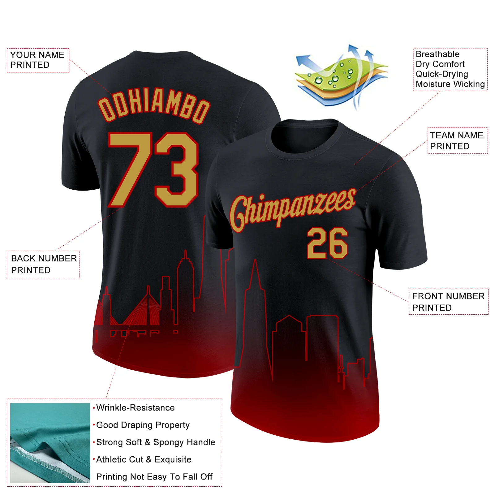 Custom Black Old Gold-Red 3D San Francisco City Edition Fade Fashion Performance T-Shirt - Image 2