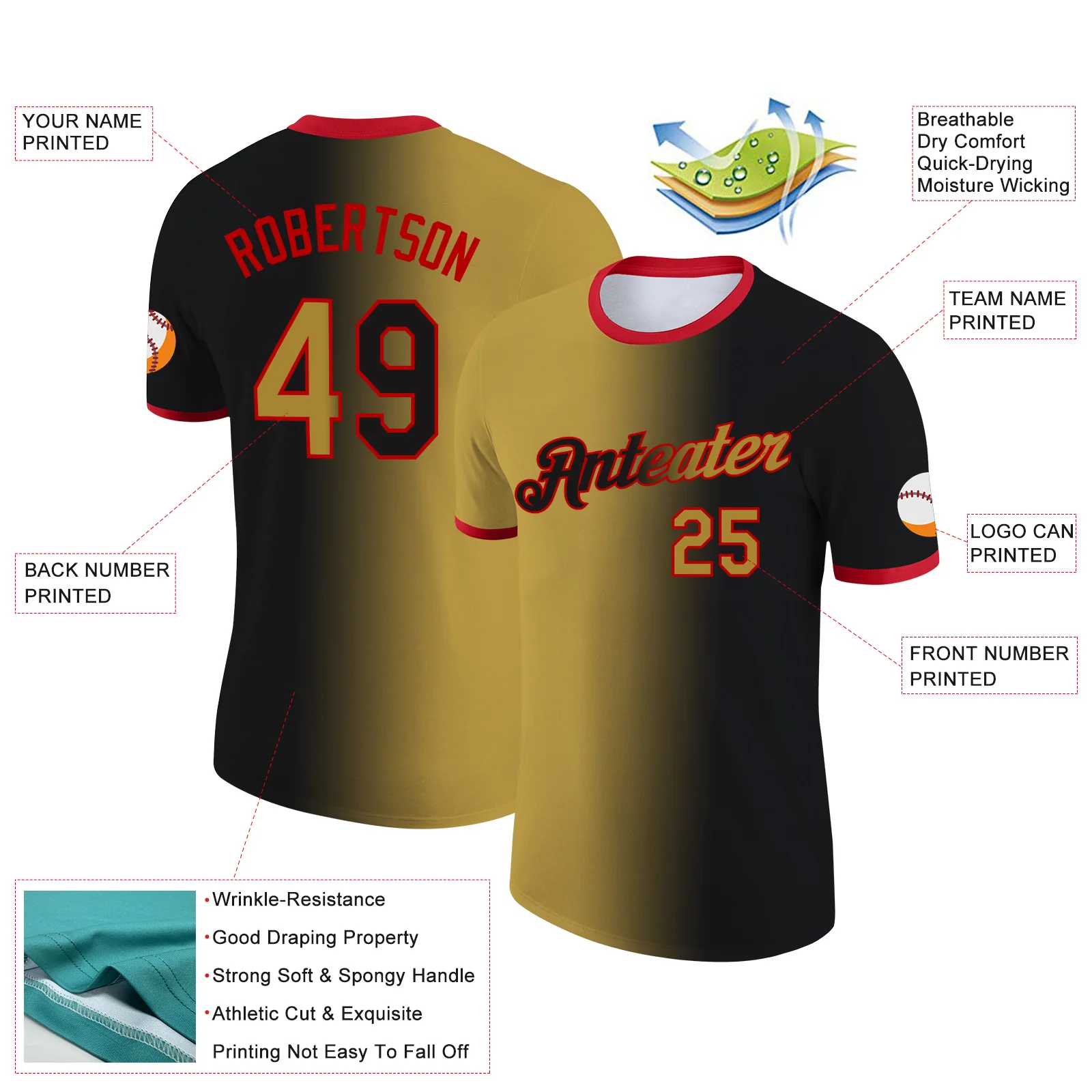 Custom Black Old Gold-Red Gradient Fashion Performance T-Shirt - Image 2