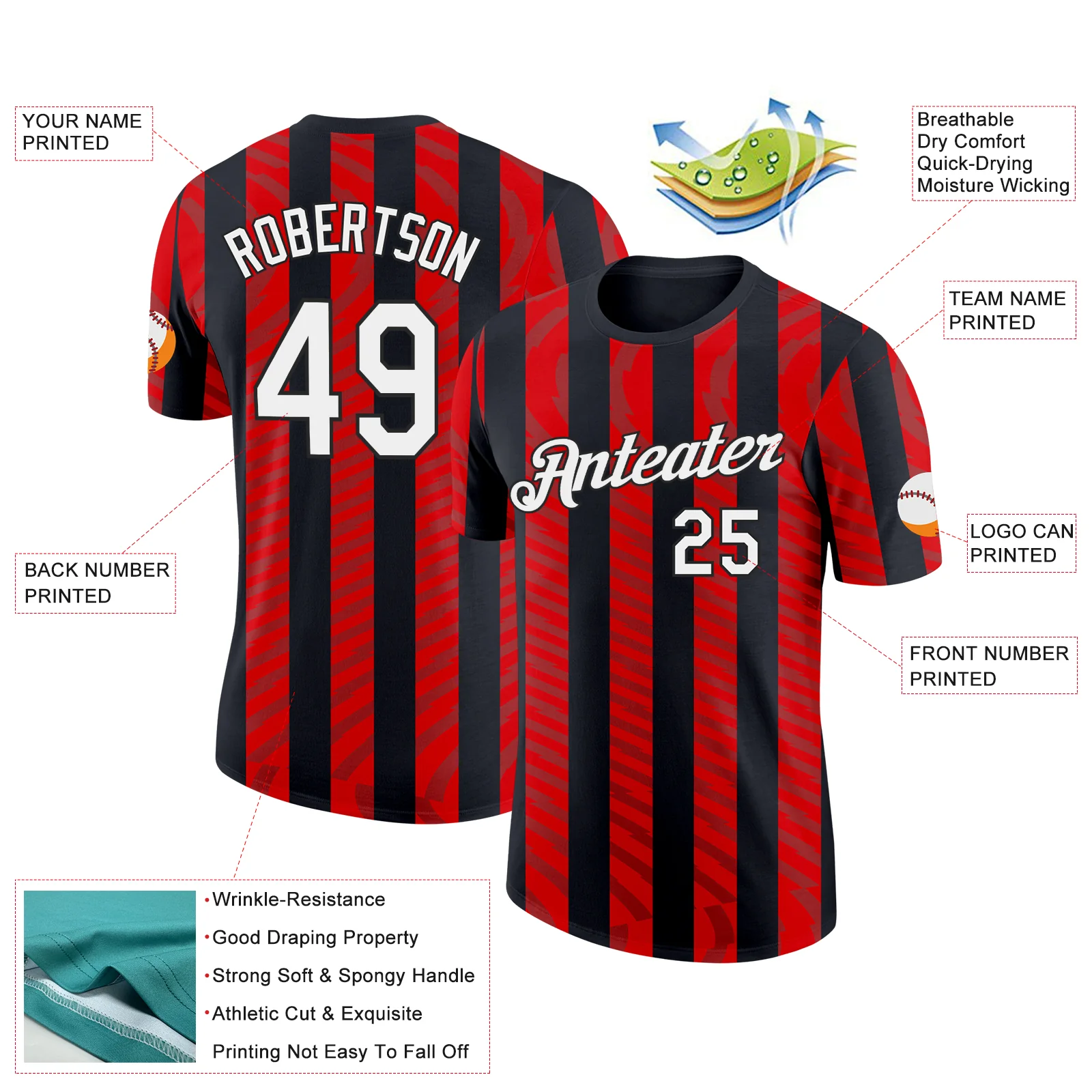 Custom Black White-Red Italy Stripe Soccer Jersey Performance T-Shirt - Image 2