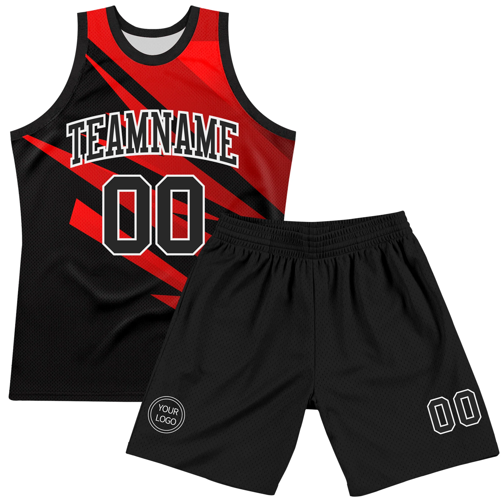 Custom Black Red-White Line Round Neck Sublimation Basketball Suit Jersey - Image 2