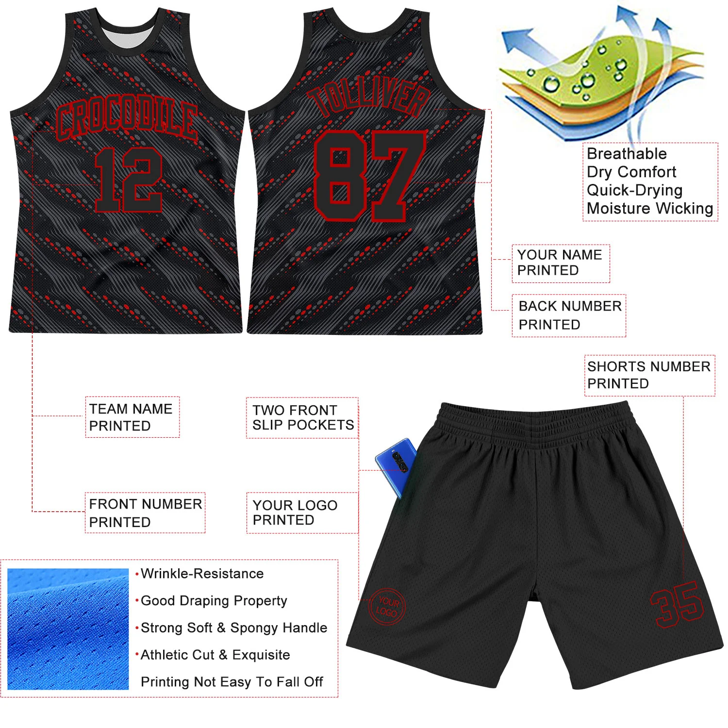 Custom Black Red Slant Lines Round Neck Sublimation Basketball Suit Jersey - Image 3
