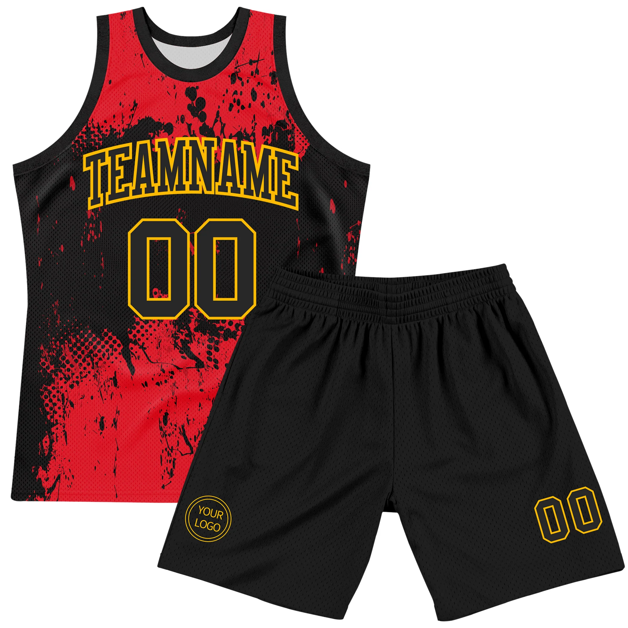 Custom Black Red-Gold Abstract Splatter Grunge Art Round Neck Sublimation Basketball Suit Jersey - Image 2