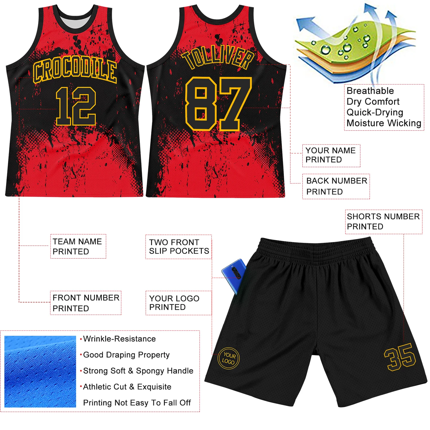Custom Black Red-Gold Abstract Splatter Grunge Art Round Neck Sublimation Basketball Suit Jersey - Image 3