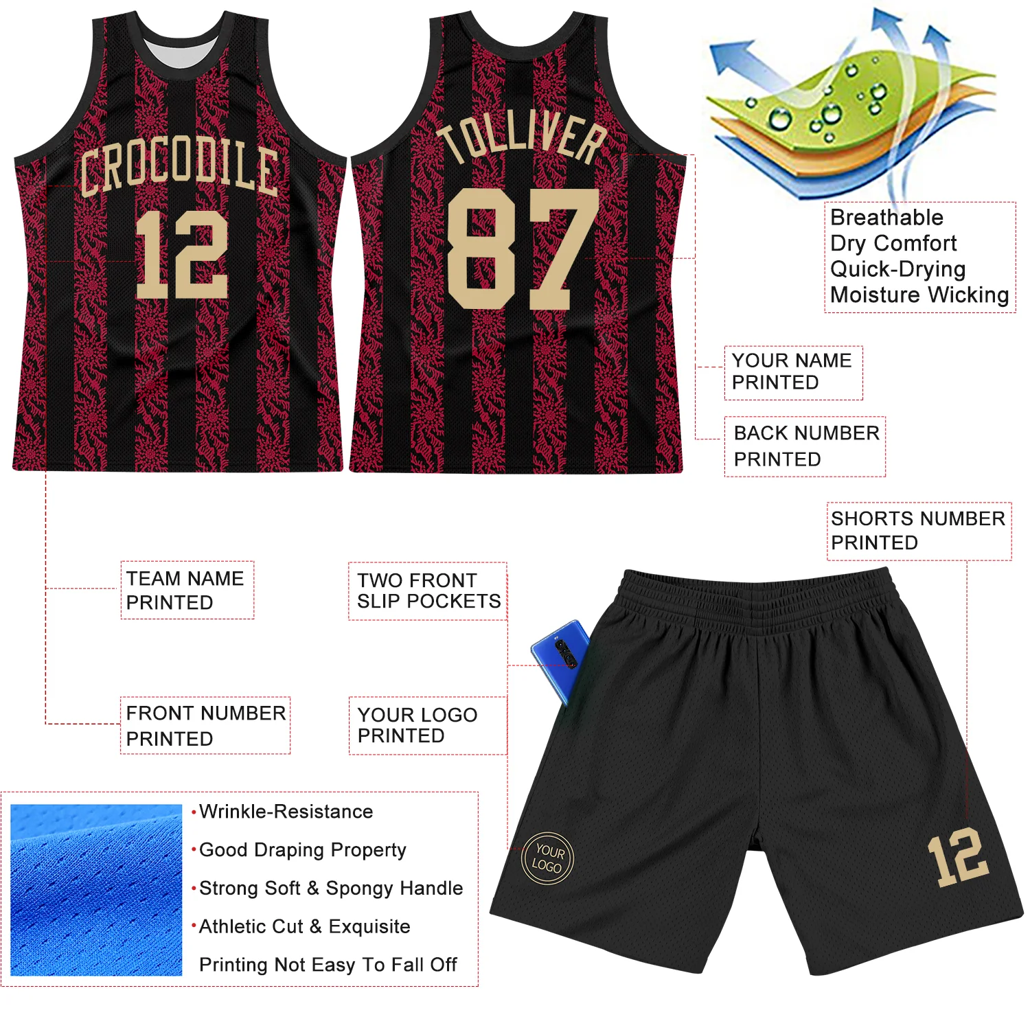 Custom Black Vegas Gold-Red Abstract Shape Round Neck Sublimation Basketball Suit Jersey - Image 3