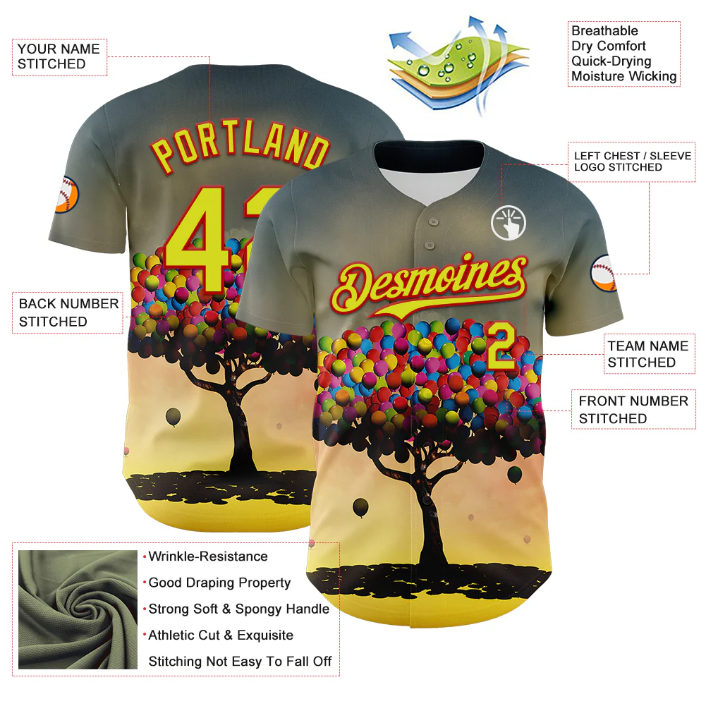 Custom Blue Neon Yellow-Red 3D Marcel Caram Balloon Tree Authentic Baseball Jersey - Image 3