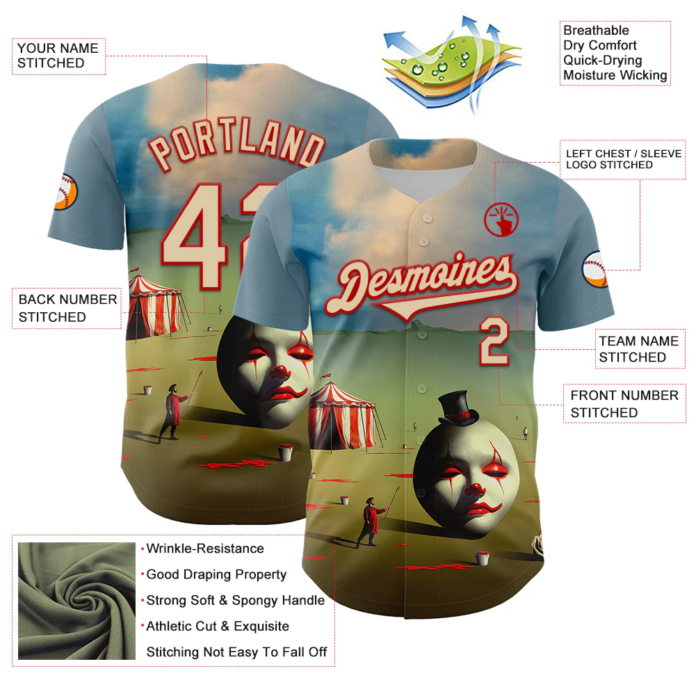 Custom Blue City Cream-Red 3D Marcel Caram The Clown Authentic Baseball Jersey - Image 3