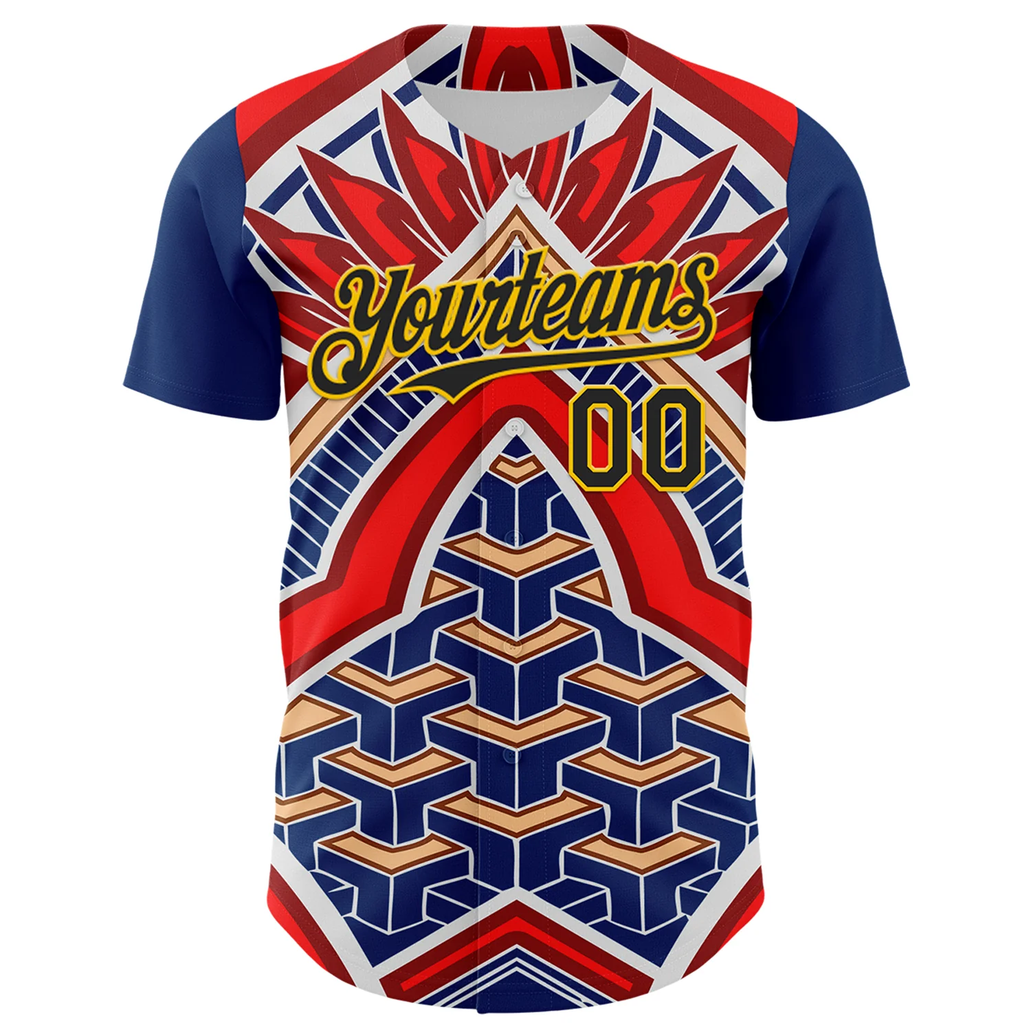 Custom Blue Black Red-Yellow 3D Pattern Design Burner Costumes Tribal Authentic Baseball Jersey - Image 2