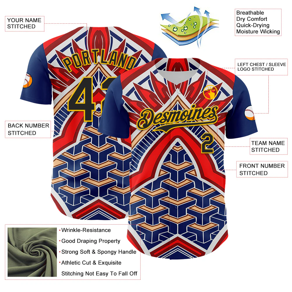 Custom Blue Black Red-Yellow 3D Pattern Design Burner Costumes Tribal Authentic Baseball Jersey - Image 3