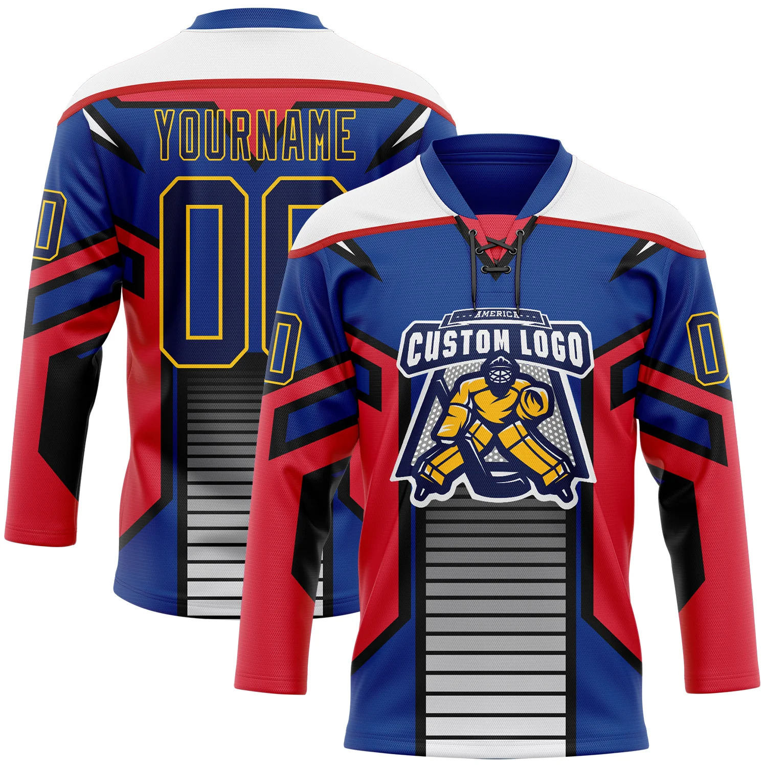 Custom Blue Navy Red Black Yellow-White Abstract Pattern Graphic Cyber Mecha E-sport Hockey Lace Neck Jersey - Image 2