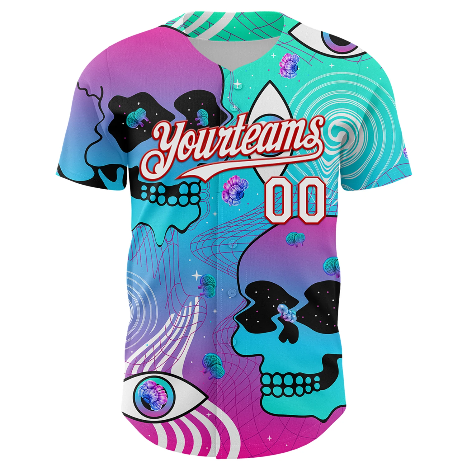 Custom Blue White-Red 3D Pattern Design Trippy Magic Mushrooms Skull Authentic Baseball Jersey - Image 2