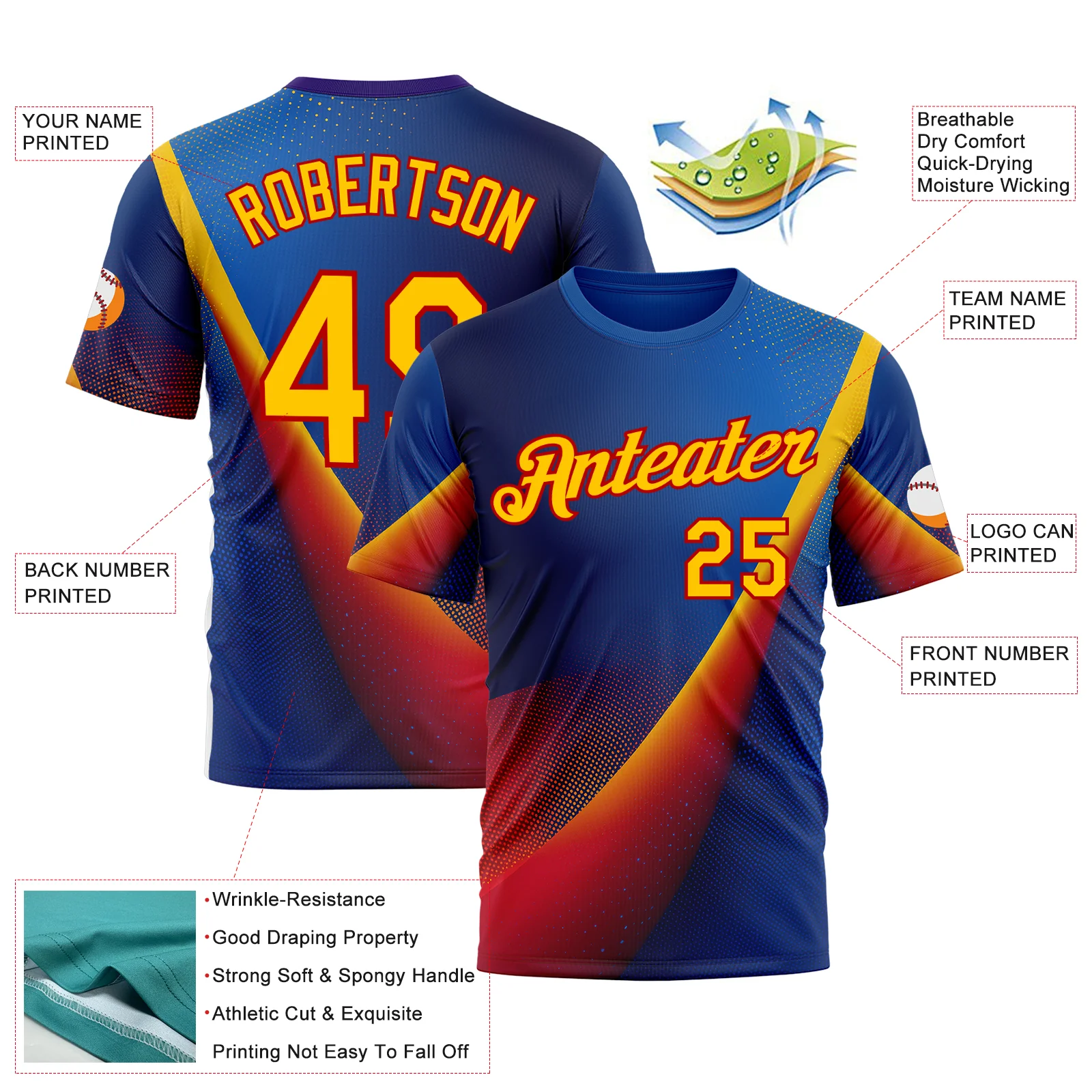 Custom Blue Yellow-Red 3D Pattern Design Romania Colombia Sportswear Performance T-Shirt - Image 2