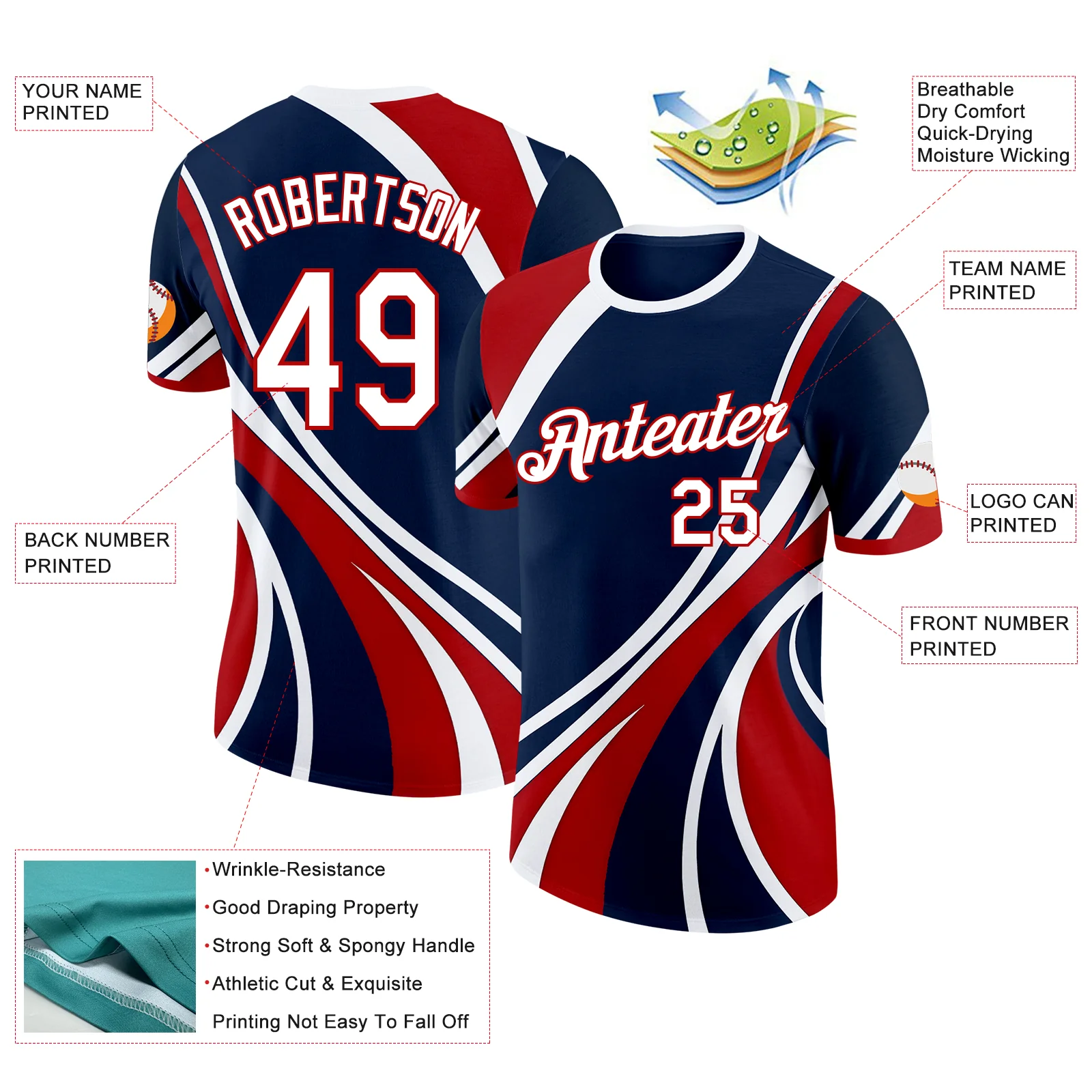 Custom Blue White-Red USA Flag Soccer Jersey Performance T-Shirt - Image 2