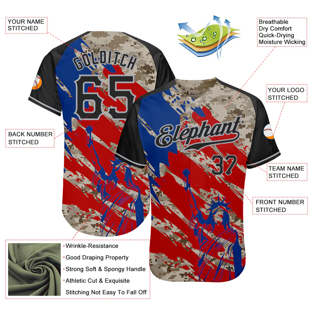Custom Camo Black Red-Gray American Flag Statue Of Liberty Patriotic Splatter Raglan Sleeves Authentic Baseball Jersey - Image 3