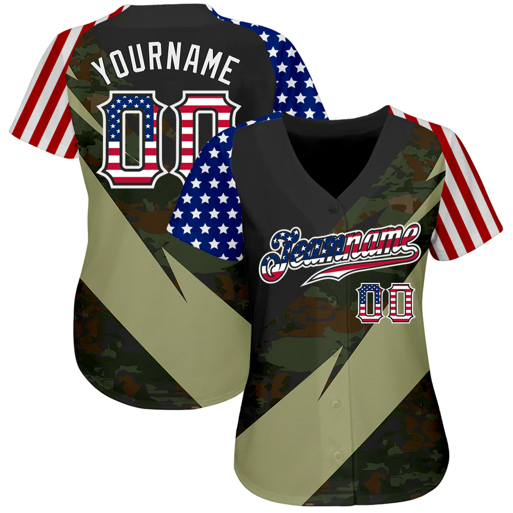 Custom Camo USA Flag Red Blue Black-White Patriotic Stars & Stripes Raglan Sleeves Authentic Baseball Jersey - Image 2
