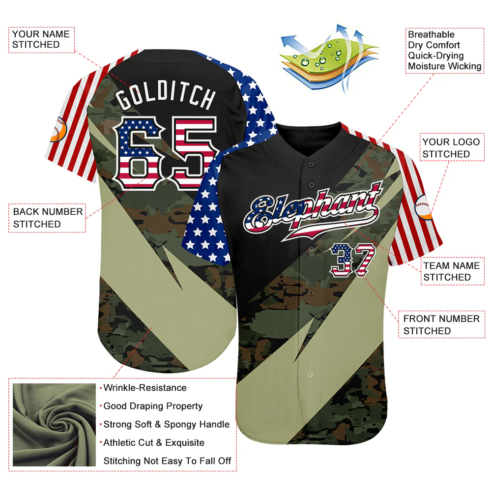Custom Camo USA Flag Red Blue Black-White Patriotic Stars & Stripes Raglan Sleeves Authentic Baseball Jersey - Image 3