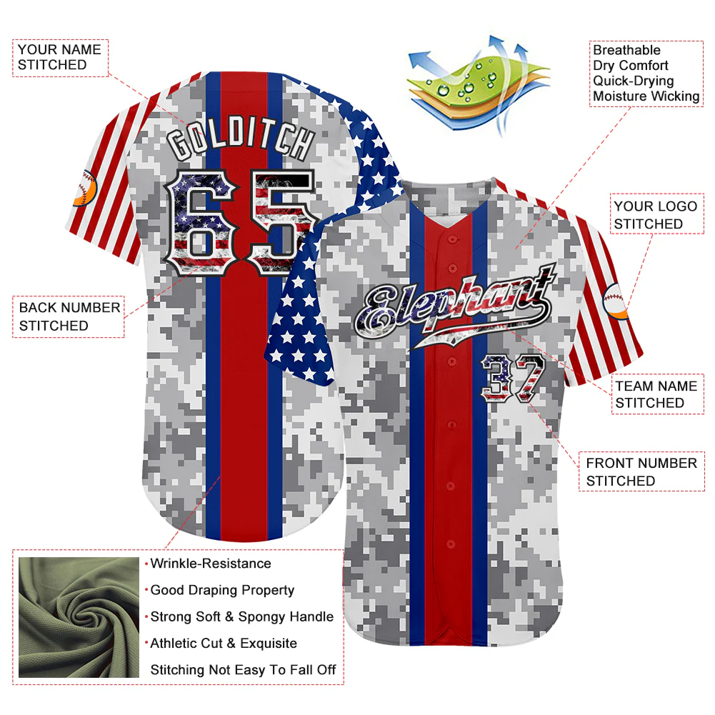 Custom Camo USA Flag Red Blue Black-White Patriotic Pixel Camouflage Stars & Stripes Raglan Sleeves Authentic Baseball Jersey - Image 3