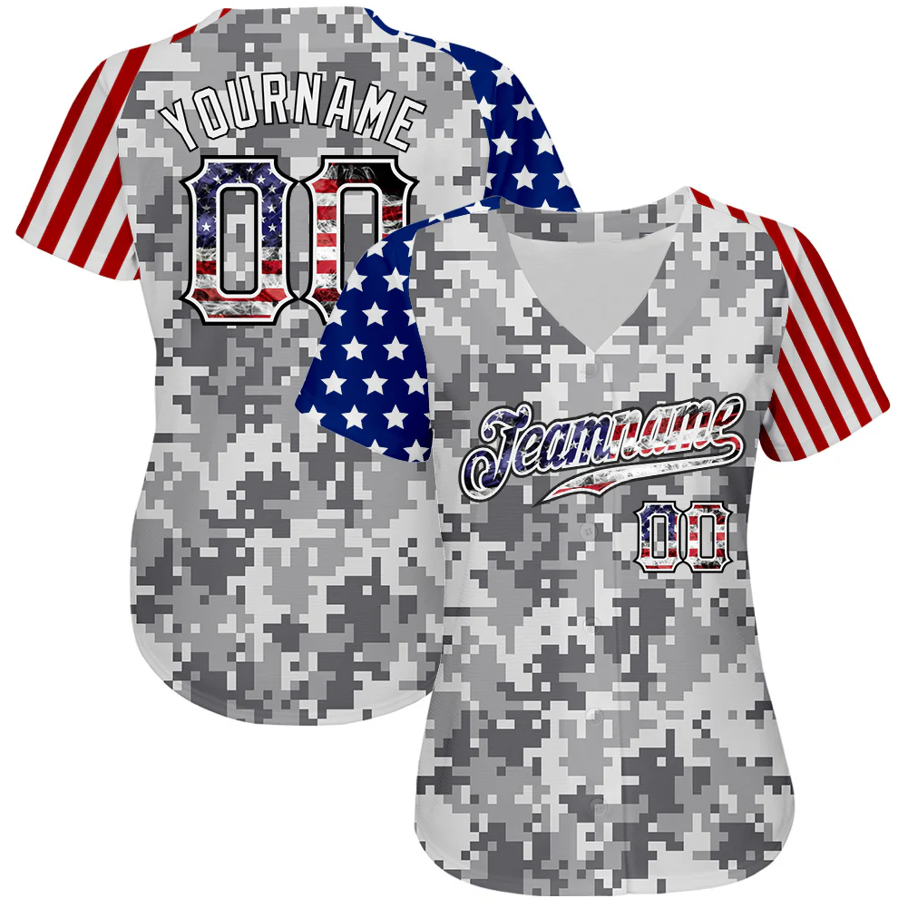 Custom Camo USA Flag Red Blue Black-White Patriotic Pixel Camouflage Stars & Stripes Raglan Sleeves Authentic Baseball Jersey - Image 2