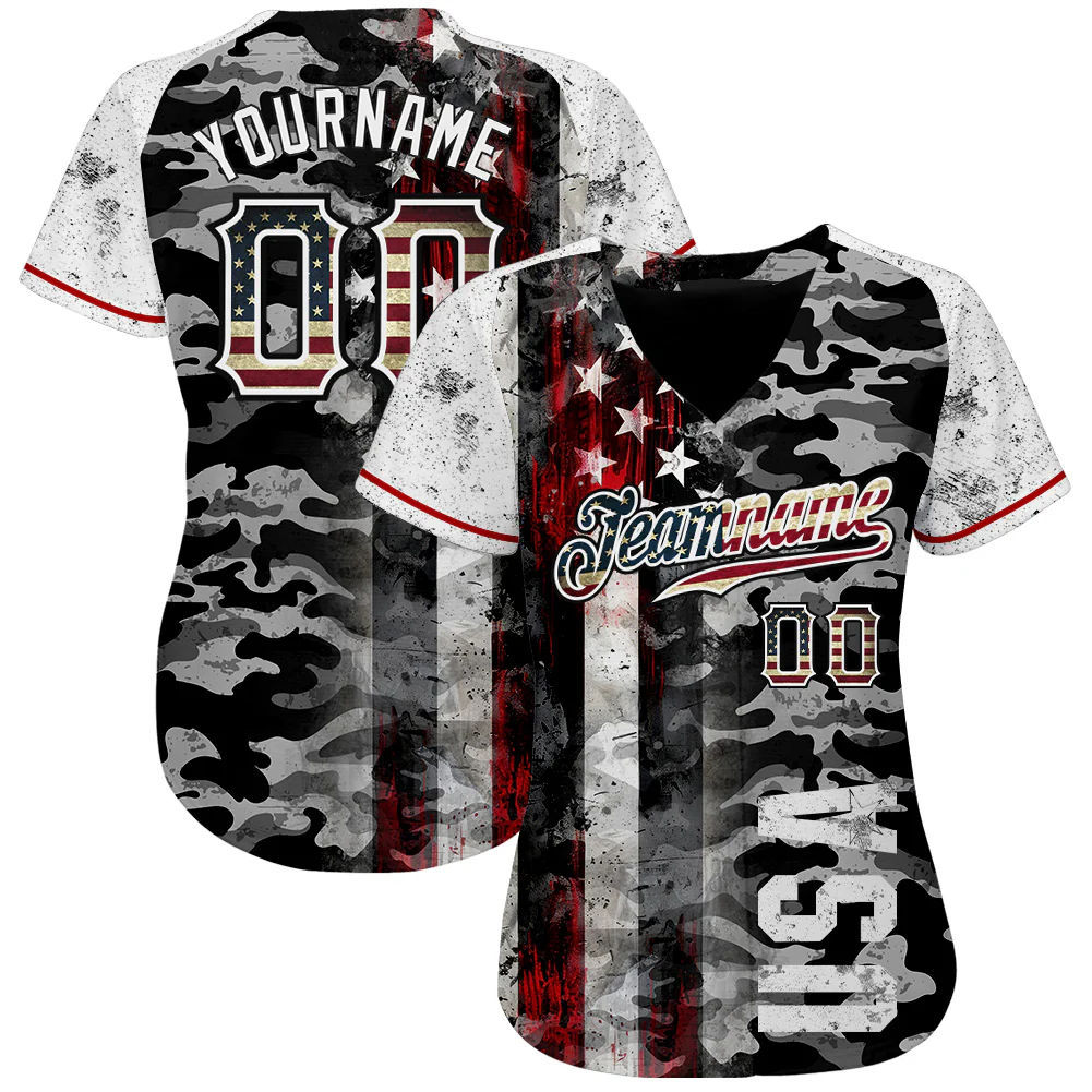 Custom Camo Vintage USA Flag Black Red-White Patriotic Grunge Raglan Sleeves Authentic Baseball Jersey - Image 2