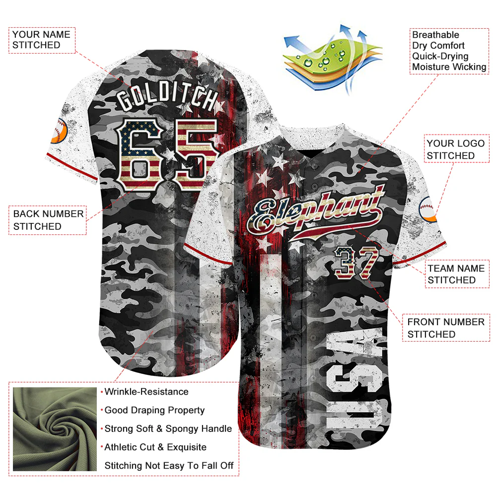 Custom Camo Vintage USA Flag Black Red-White Patriotic Grunge Raglan Sleeves Authentic Baseball Jersey - Image 3
